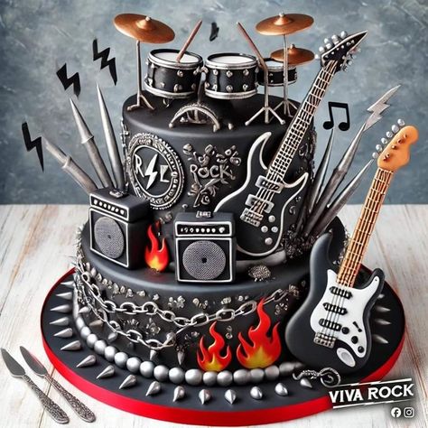 Concert Themed Cake, Rock Band Cake Ideas, Rock Band Cake, Drumset Cake, Rock And Roll Cake Ideas, Rock N Roll Birthday Cake, Music Themed Cakes For Men, Guitar Cakes For Men, Cake For Music Lover