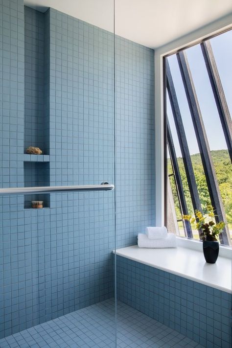 Blue Tiles Bathroom, Blue Mosaic Bathroom, Boat Bathroom, Blue Tile Bathroom, Bathroom Architecture, Sheet Rock Walls, Blue Bathroom Tile, Agricultural Buildings, Mid Century Bathroom