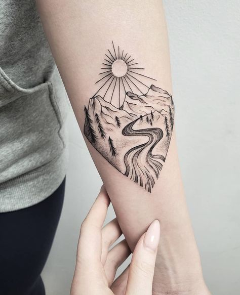 Mountain Tattoo Ideas, Berg Tattoo, Desert Tattoo, Scenery Tattoo, Travel Tattoo Ideas, Men Tattoo Ideas, Mountain Tattoos, Mountain Range Tattoo, Adventure Tattoo