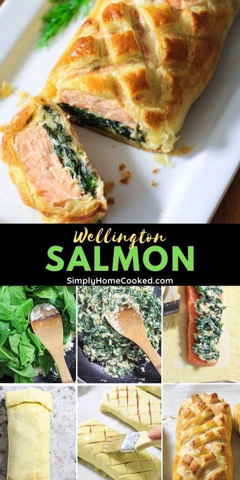 Salmon Wellington Pop Tart, Spinach And Cheese Stuffed Salmon Wellington, Salmon With Puff Pastry, Herb Coated Salmon In Puff Pastry, Puff Pastry Salmon Wellington, Fish Wellington Recipe, Salmon Roulade Recipe, Baked Salmon Appetizer, Salmon Filo Pastry Recipes