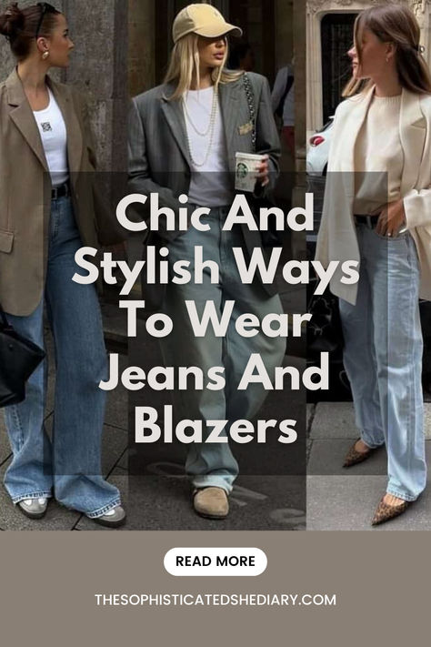 Elevate your style game with these cool ways to style jeans with blazers! From casual chic to polished looks, discover effortless outfit ideas that work for any occasion. Perfect for workdays or weekend outings! Click through to read more How To Style Jean Trousers Women, Blazer Cool Outfits, Wide Leg Jeans With Blazer Outfit, Brooch On Blazer, Classy Jean Outfits, Baggy Blazer Outfit, Ladies Blazer Outfits, Hoodie With Blazer, Cute Outfits With Blazers