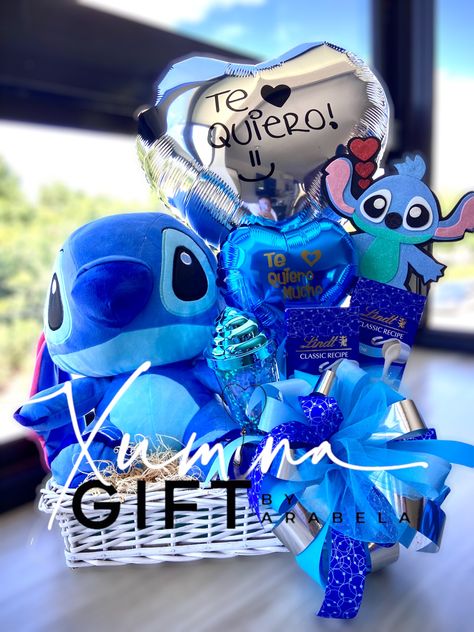 Lilo And Stitch Gift Basket, Stitch Gift Basket Ideas, Stitch Gift Basket, Birthday Gifts For Your Mom, Gifts For Dad From Kids, Blue Gift Basket, Donut Decorating Ideas, Candy Gifts Diy, Easy Birthday Gifts