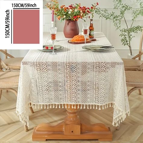 Bohemian Chic Crochet Lace Tablecloth With Tassel, Boho Stripe Geometric Farmhouse Style Retro Hollow Out Tablecloth, For Kitchen Dining, Buffet Table, Holiday Dinner, Party, Banquet, Restaurant, Wedding, Home Decor - Temu Tablecloth Crochet, White Table Cover, Dining Table Cloth, Lace Table, Lace Tablecloth, Crochet Tablecloth, Styl Boho, Cotton Tablecloths, Boho Vintage