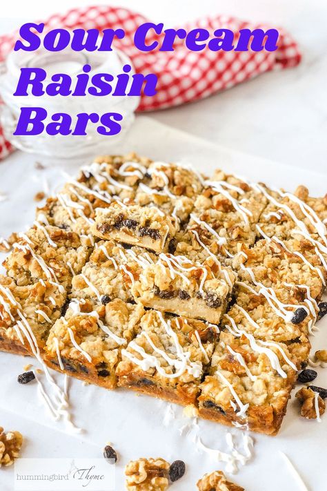 My Grandma's Famous Sour Cream Raisin Pie - turned into Shortbread-crusted and topped Bar Cookies! So easy, so delish! The crust doubles as a crumble, crispy on the bottom, tender on the top! The custard is sweet, creamy with a touch of salty! Roasty walnuts complete the flavor and texture! Seriously, so good! Sour Cream Apple Crumble Bars, Sour Cream Raisin Bars, Old Fashioned Raisin Bars, Raisin Filled Cookie Bars, Raisin Pie Recipe, Sour Cream Raisin Pie, Apple Turnover Recipe, Raisin Pie, Salted Caramel Apple Pie