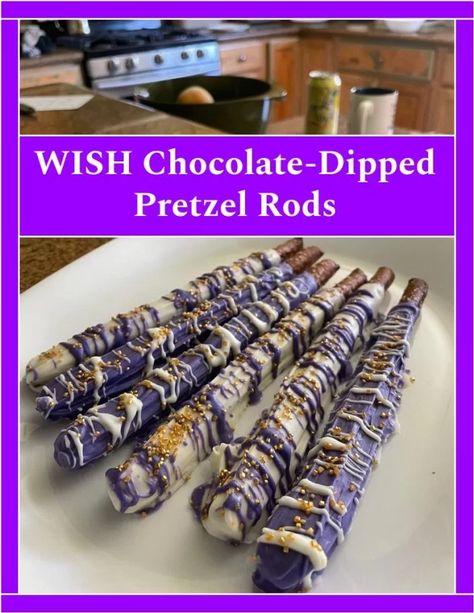 WISH Dessert - Chocolate Dipped Pretzel Recipe Birthday Pretzel Treats, Chocolate For Dipping Pretzels, Birthday Chocolate Covered Pretzels, Pretzel Rods Dipped Birthday Parties, Pretzel Dip Recipes, Chocolate Dipped Pretzel Rods, Aaliyah Birthday, Dipped Pretzel Rods, Wish Birthday