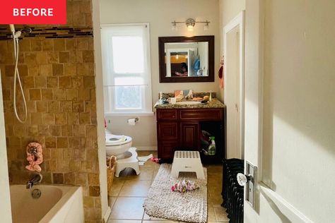 B&A: My Family’s 70-Square-Foot Bathroom Now Fits a Shower AND Tub 2000s Bathroom Update, 2000s Bathroom, Small Family Bathroom, Bathroom Beige, Edge Pulls, Big Tub, Old Bathroom, Beige Bathroom, Brown Bathroom