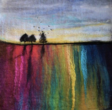 Wet Felt Painting, Felted Landscape Art, Wet Felting Artwork, Landscape Felting, Wet Felting Landscapes Pictures, Felted Pictures, Silk Paintings, Cow Parsley, Felted Art