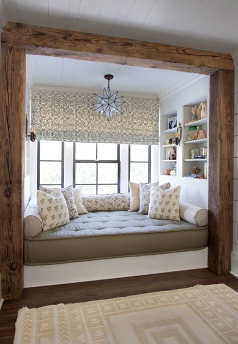 Frame a cozy bay window nook with dark rustic wood, like CLOTH & KIND does here, to add a rustic touch to modern, neutral-toned interiors. Cozy Home Library, Country Chic Decor, Window Nook, Small Bedrooms, Home Upgrades, Home Design Decor, Home Library, Window Seat, Design Case