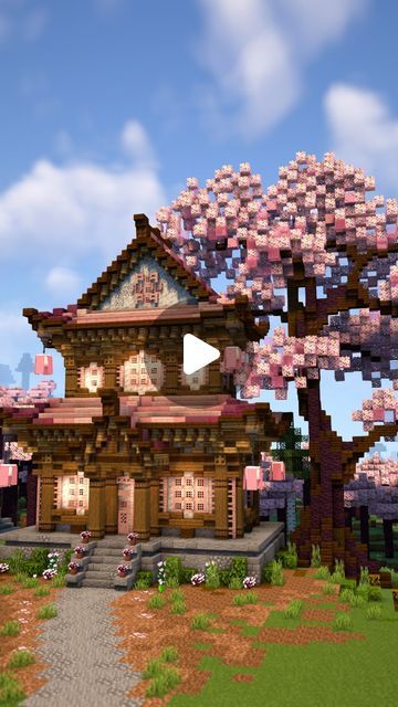 Cherry Blossom Temple Minecraft, Minecraft Starter House Cherry Blossom, Sakura Biome House Minecraft, Cherry Blossom Starter House Minecraft, Minecraft Cherry Blossom Tree, Minecraft Cherry Blossom House Tutorial, Cherry Tree House Minecraft, Minecraft Building Ideas Cherry Blossom, Big Cherry Blossom Tree Minecraft