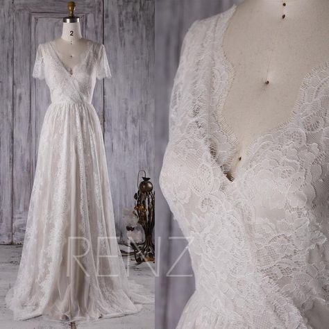 Wedding Dress Short Sleeves, Lace Wedding Dress Short, Vintage Lace Gowns, Wedding Dress Short, Short Lace Wedding Dress, Backless Bridal Gowns, Short Sleeve Wedding Dress, V Neck Prom Dresses, Bridal Dresses Lace