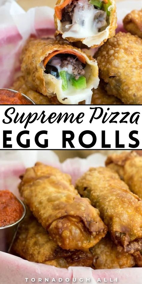 These supreme pizza egg rolls are a comforting twist on a family favorite, perfect for holiday gatherings, game days, or a simple appetizer. These homemade treats are filled with savory goodness, featuring a cheesy, unique combination that both kids and adults will love. Easy to make and sure to be a hit at any family-friendly occasion, these pizza egg rolls make for a delightful and simple addition to your festive menu. Eggroll Appetizers, Egg Roll Appetizers, Cheese Burger Egg Rolls, Egg Roll Ideas, Pizza Eggrolls, Eggroll Ideas, Egg Roll Filling Recipes, Eggroll Recipes, Food Truck Menu Ideas