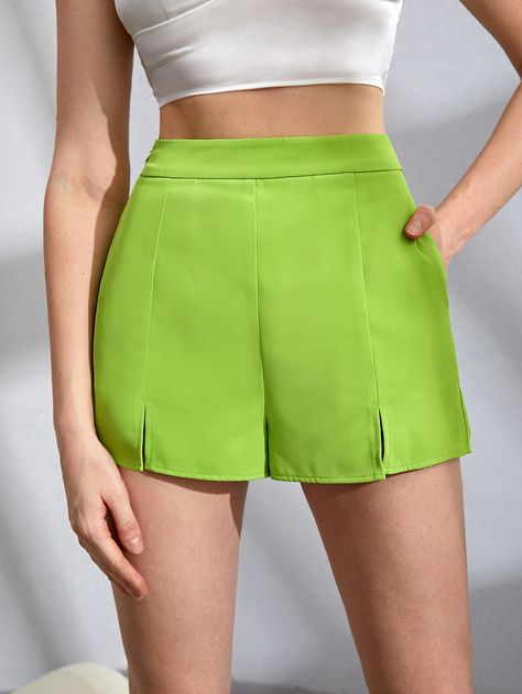 Light Lime Green, Lime Green Shorts, Women Bottoms, Women Shorts, Green Outfit, Green Colour, Split Hem, Bright Green, Short Outfits