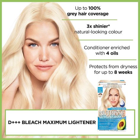 Garnier Nutrisse permanent hair bleach maximum lightener with no ammonia for a pleasant scent
For an ultra shiny, natural-looking result, Lightens up to 8 levels
Apply mix in sections, leave for 15-20 mins. Apply the rest of the mixture and leave another 10-15 mins. Do not exceed 45 min total. Rinse until water runs clear, apply conditioner and re-romse
Includes a 4 Oils anti-brass purple conditioner for luminous result
Contents: 1x Garnier Nutrisse Ultra Blonde D+++ Bleach Maximum Lightener Cranberry Oil, Baby Blonde, How To Dye Hair At Home, Purple Conditioner, Grey Hair Coverage, Hair Colouring, Hair Dryness, Color Conditioner, At Home Hair Color