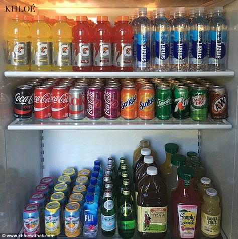 A rainbow of flavor: Khloe Kardashian's fridge is stocked with a colorful array of beverages, which she showed off on khloewithak.com on Tuesday Bedroom Mini Bar, Kardashian House, Khloe Kardashian House, Drinks Fridge, Drink Fridge, Kardashian Home, Pantry Fridge, Pantry Organisation, House Organisation