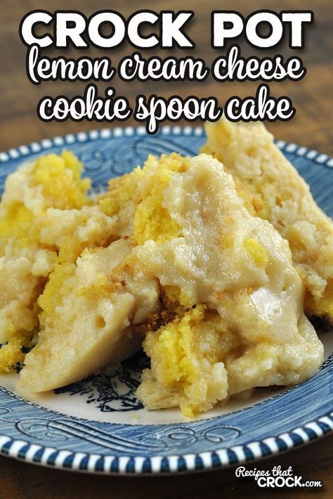 This delicious Lemon Crock Pot Cream Cheese Cookie Spoon Cake was an instant hit in my house. It is sure to delight anyone who loves lemon flavored desserts. Crock Pot Cake Recipes, Crockpot Cake Recipes, Cream Cheese Cookie, Slow Cooker Cake, Crockpot Cake, Spoon Cake, Chicken Soups, Crockpot Dessert Recipes, Cream Cheese Desserts