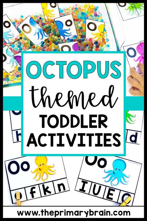 Octopus Themed Toddler Activities Title with photos of a water bead sensory bin and letter matching clip cards. Toddler School Activities, Motor Activities For Preschoolers, Fine Motor Activities For Preschoolers, Toddler School, Activities For Preschoolers, Under The Ocean, Fun Arts And Crafts, Math Literacy, Language Activities