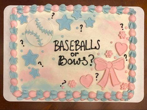 Fondant baseball, bow, stars, and flowers on top of blended pink/blue buttercream icing #cake #genderrevealparty #babyshower #cakedesign #cakedecoratingideas #baseball #bows Baseball Or Bows Cake, Gender Reveal Sheet Cake Ideas, Gender Reveal Sheet Cake, Baseballs Or Bows Gender Reveal, Baseballs Or Bows, Buttercream Icing Cake, Bows Gender Reveal, Bow Cupcakes, Stars And Flowers