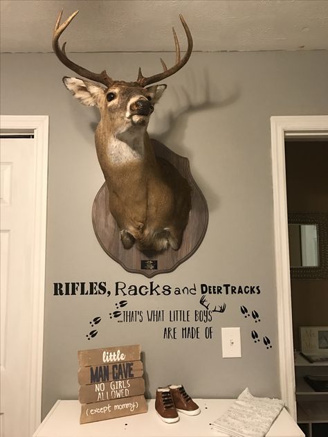 Rifles, racks and deer tracks That's what little boys are made of   My son's nursery ❤️ Hunting Bedroom For Boys, Deer Nursery Ideas Boy, Boy Hunting Nursery, Boys Hunting Room, Hunting Baby Nursery, Deer Themed Nursery, Hunting Bedroom, Baby Boy Hunting, Hunting Nursery