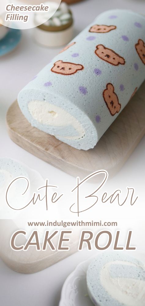 Light blue cake roll printed with cute bears on it on a serving board. Pattern Cake Roll, Pattern Swiss Roll, Festive Holiday Desserts, Tårta Design, Swiss Roll Cakes, Cake Bear, Japanese Bakery, Pattern Cake, Swiss Roll Cake