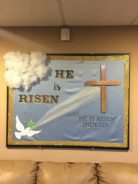 The Teens bulletin board decorated for Easter.  Praise God, He Is Risen! Ash Wednesday Bulletin Board Ideas, Easter Boards Bulletin, He Is Risen Bulletin Board, Easter Bulletin Boards For Church, Christian Easter Bulletin Board Ideas, Easter Church Bulletin Boards, Easter Boards, Christian Boards, April Bulletin Boards