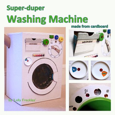 Washing machine made from a cardboard box. With dials made from bottle caps. It has a working door and detergent drawer.               DIY toy cardboard box inspiration recycling kids playing activity Cardboard Washing Machine, Diy Washing Machine, Cardboard Door, Recycling Kids, Drawer Diy, Diy Cardboard Toys, Recycling For Kids, Cardboard Box Crafts, Cardboard Toys