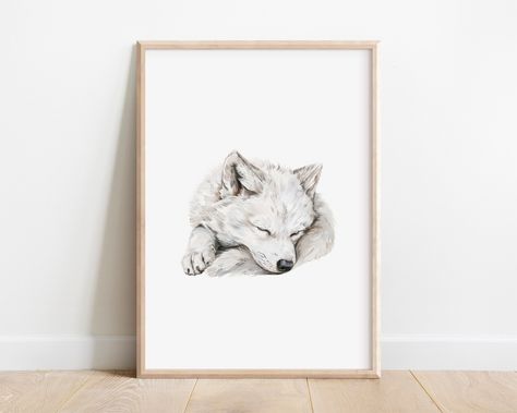 Sleeping Arctic Wolf Print | Wolf Nursery Decor | Arctic Nursery Art | Cute Sleeping Animal | Sleeping Wolf Nursery Print | Arctic Wolf Art Sleeping Wolf, Wolf Nursery, Arctic Nursery, Nursery Stories, Sleeping Animals, Wolf Print, Arctic Wolf, Delicate Features, Arctic Animals