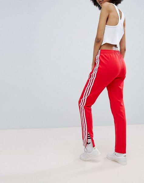 adidas Originals adicolor Three Stripe Track Pants In Red Adidas Red Pants Outfit, Red Adidas Pants Outfit, Red Adidas Pants, Adidas Pants Outfit, Track Pants Outfit, Pants Outfit Ideas, Womens Adidas, Red Leggings, Adidas Outfit