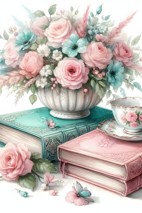 Shabby Chic vintage pair of ornately bound antique books lay beneath an elegant porcelain teacup adorned with delicate flower patterns. The centerpiece is an exquisite vase brimming with pastel roses and blooms that evoke a sense of romantic nostalgia. Pastel Roses, Watercolor Images, Delicate Flower, Antique Books, Types Of Art, Vintage Chic, Vintage Floral, Flower Patterns, Watercolor Art