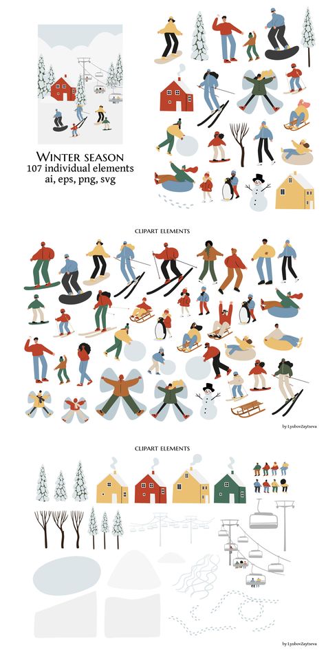 Set of winter season activities illustrations, people skiing, snowboarding, ice skating, sledding, tubing, playing snowballs, building snowman, making snow angel vector clipart, flat style images. Perfect for crafting, cards, stickers, posters, prints, packaging, home decor, journal, magazine, clothes, t-shirt, wrapping paper, scrapbook albums, cute gifts, social media, website, advertising, promotions and more. Winter Activities Illustration, Sledding Illustration, Snowboarding Illustration, Ski Silhouette, Sled Illustration, Ice Skating Poster, Ice Skating Illustration, Winter Advertising, Skating Illustration