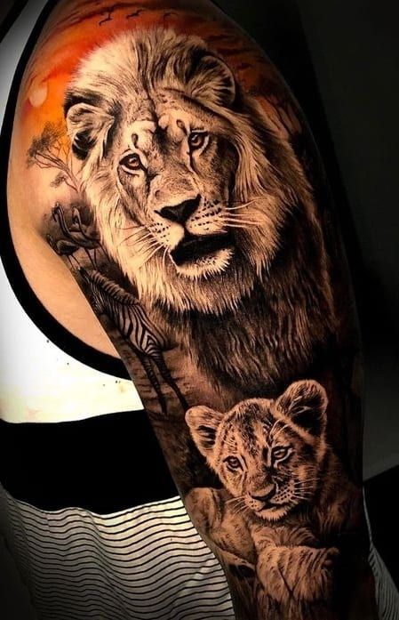 Lioness And Cub Tattoo, Family Sleeve Tattoo, Tattoos Arm Mann, Cub Tattoo, Lion Shoulder Tattoo, Cubs Tattoo, Animal Sleeve Tattoo, Lioness Tattoo, Lion Tattoo Sleeves