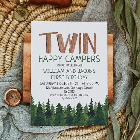 $2.8 | Twins Happy Campers Boys 1st Birthday - one happy camper, woodland birthday invitations, rustic, twins, green, twin, twins 1st birthday invitations, boy 1st birthday invitations, camping birthday invitations, boy birthday invitations Twin Boy 1st Birthday Themes, Twin First Birthday Themes, Camping Birthday Invitations, Woodland Invitation Birthday, One Happy Camper, Kids Themed Birthday Parties, Twins 1st Birthdays, Twin First Birthday, 1st Birthday Party Themes