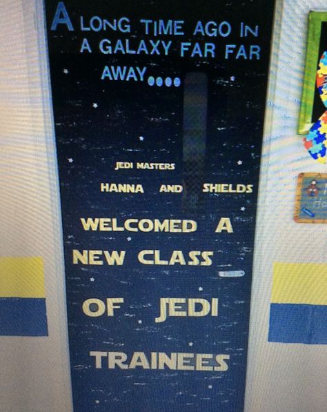 Star Wars Door Decorations, Star Wars Classroom Door, Star Wars Classroom Decorations, Star Wars Door, Galaxy Classroom, Star Wars Classroom Theme, Dorm Bulletin Boards, Pta Board, Space Theme Classroom