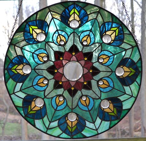 Peacock Mandala | Rockcrest Glass Stained Glass Mandala, Mandala Sun, Peacock Mandala, Glass Painting Patterns, Tattoo Mandala, Stained Glass Studio, Stained Glass Quilt, Painted Glass Art, Mandalas Painting