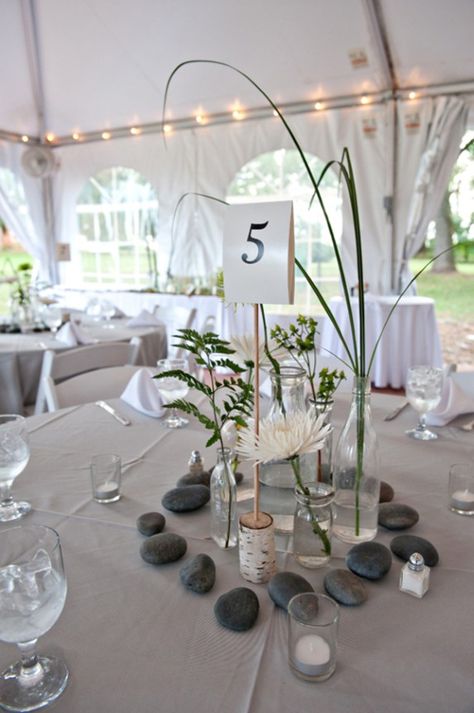 Rock Centerpieces Wedding, Centerpieces With Rocks, Rock Centerpieces, Stone Centerpieces, Nature Centerpieces, Wedding Diy Centerpieces, Monticello Indiana, Natural Centerpieces, Pretty Wedding Centerpieces