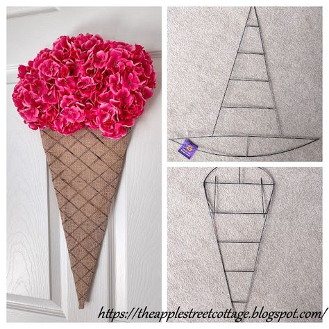 Ice Cream Cone Door Hanger, Ice Cream Wreath Diy, Dollar Store Witches Hat, Wire Witches Hat From Dollar Tree Diy, Ice Cream Cone Wreath Diy, Ice Cream Cone Wreath, Diy Ice Cream Decor, Ice Cream Wreath, Dollar Tree Witch Hat