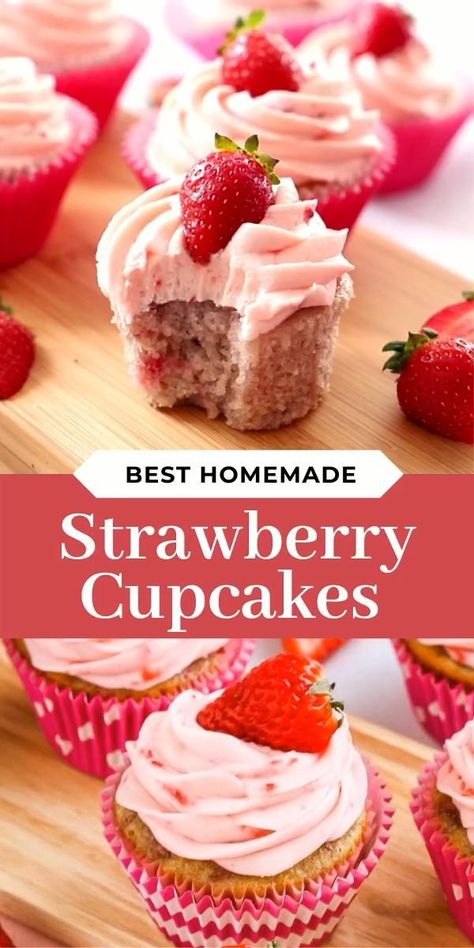 Homemade Strawberry Cupcakes, Strawberry Cupcake Recipes, Homemade Cupcake Recipes, Delicious Cupcakes Recipes, Strawberry Buttercream Frosting, Strawberry Cake Recipes, Homemade Cupcakes, Strawberry Buttercream, Torte Cupcake