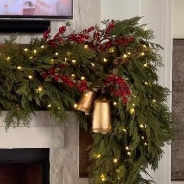 Cranberry Garland Diy, Garland On Mantle, Norfolk Pine Garland, Christmas Garland Mantle, Mantle Garland, Antique Bell, Mantel Ideas, Wood Mantle, Norfolk Pine