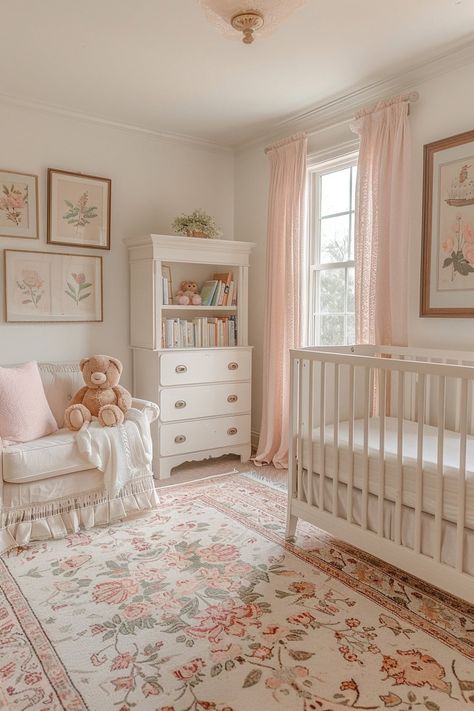 Simple Elegant Nursery, White Nursery With Pink Accents, Nursery For Girls Ideas, Nursery Girls Room, Antique Nursery Furniture, Pink French Nursery, Tan And Pink Nursery, Cute Girl Nursery Ideas, Cozy Girl Nursery