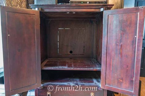 How To Convert A TV Armoire To A Desk | www.fromh2h.com Tv Cabinet Repurpose, Flex Room Ideas, Office Armoire, Armoire Repurpose, Cupboard Makeover, Refurbished Desk, Armoire Diy, Hidden Desk, Armoire Desk