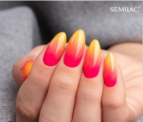 10 Tropical Nail Colors Perfect For Beach Season - Society19 Oval Nail Art, Tropical Nail Art, Neon Yellow Nails, Ombre Nail Art Designs, Sunset Nails, Beach Nail, Neon Effect, Tropical Nails, Ombre Nail