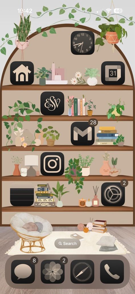 Cozy Bookshelf Wallpaper for Your Home Screen! Transform your phone's home screen into a peaceful, stylish retreat with our beautifully designed Cozy Bookshelf Wallpaper! This digital wallpaper features a charming indoor scene complete with a wooden shelf adorned with various lush potted plants, candles, books, and cozy decor pieces. A soft woven rug and comfy armchair complete the look, giving your phone an instant feeling of relaxation and tranquility. Perfect for: - Book lovers wanting their Plant Phone Background, Bookshelf Iphone Wallpaper, Bookshelf Phone Wallpaper, Bookshelf Wallpaper Iphone, Bookshelf Aesthetic Wallpaper, Iphone 16 Pro Max Wallpaper, Plant Bookshelf, Iphone Wallpaper Books, Hygge Wallpaper