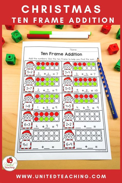 Help students master addition to 10 with this fun Christmas math worksheet for kindergarten. Students color the ten frame to match the addition fact. Then, students add the circles on the ten frame to find solve the addition fact. This Christmas math worksheet is ideal for the month of December and can be used in math centers, with early finishers, or for morrning work. Christmas Worksheets For Kindergarten, Math Worksheet For Kindergarten, December Worksheets, Ten Frame Addition, Santa Math, Christmas Worksheets Kindergarten, Frame Addition, Christmas Math Worksheets, December Kindergarten