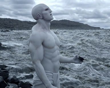 Opening scene of Prometheus shows a large, powdery-white humanoid who stands on the precipice and, ritualistically, drinks from an ornate vessel. He begins to dissolve from the inside, and tumbles into the river below, where his DNA swirls in the currents, giving birth to what will, eventually, become human life on Earth. Prometheus Engineer, Prometheus 2, Sumerian King List, Prometheus 2012, Prometheus Movie, H.r. Giger, Guy Pearce, Ancient Sumerian, Ridley Scott