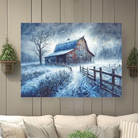 Bring the rustic charm of the countryside into your home with our exquisite Winter barn watercolor style print. This stunning work of art features a beautiful brown barn in a snowy countryside landscape. The sunrise after a storm that dropped fresh snow, exudes warmth and stillness. This rustic watercolor style painting is the perfect addition to any living space. Add a touch of simplicity and inspiration to your home decor with this beautiful work of art. The watercolor style, and intricate details create a unique and eye-catching piece that you can enjoy looking at every day.  Highlights: - Depicts a stunning red in a winter countryside landscape - Rustic watercolor style painting adds a pop of color and charm to any room - Available in a range of sizes, in archival matte or satin - Vers Scenic Art Painting, Barn Paintings On Canvas, Winter Scenes To Paint, Farm Scene Painting, Old Barn Paintings, Modern And Rustic Decor, Farm Prints, Rustic Landscaping, Winter Artwork