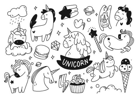 Set of cartoon unicorn doodle | Premium Vector #Freepik #vector #kids-doodle #baby-doodle #kawaii-character #cute-unicorn Unicorn Doodle, Horse Doodle, Drawing Ideas Easy Doodles, Doodle Cute, Best Drawing Ideas, Arte Doodle, Unicorn Tattoos, Kids Doodles, Graffiti Doodles