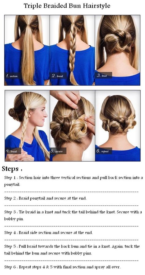 Triple braid up do. Hair Braid Bun Tutorial, Braid Bun, Hair Bun Tutorial, Braided Bun Hairstyles, Bun Hairstyle, Braided Bun, Braided Hairstyles Tutorials, Modern Hairstyles, Hair Tutorials