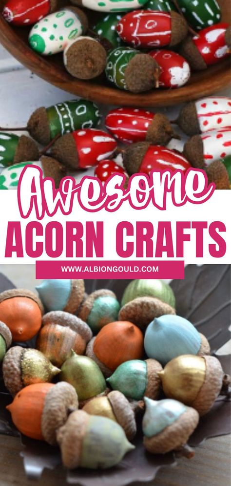 Enjoy fun acorn DIY projects that bring the beauty of fall indoors! From acorn ornaments to home decor, these crafts are perfect for all ages. Gather your acorns and get creative with these simple, engaging activities for your autumn festivities. Acorn Fairy Crafts, Christmas Crafts With Acorns, Bur Oak Acorn Crafts, Acorn Arts And Crafts, Crafts With Acorns For Kids, Acorn Diy Decor Fall Crafts, Making Becorns, Painting Acorns Diy, Acorn Ornaments Diy