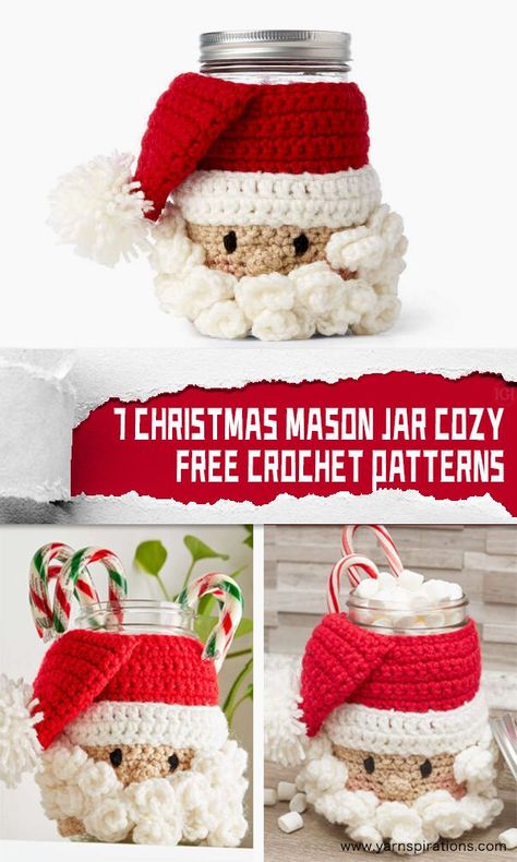 Crochet Christmas Mason Jar Covers, Mason Jar Cozies Crochet, Crochet Mason Jar Cozy Pattern Free, Mason Jar Cozy Crochet, Mason Jar Crochet Cover, Crochet Jar Cozy, Crochet Mason Jar Covers Free Pattern, Crochet Mason Jar Cozy, Crochet Mason Jar Covers