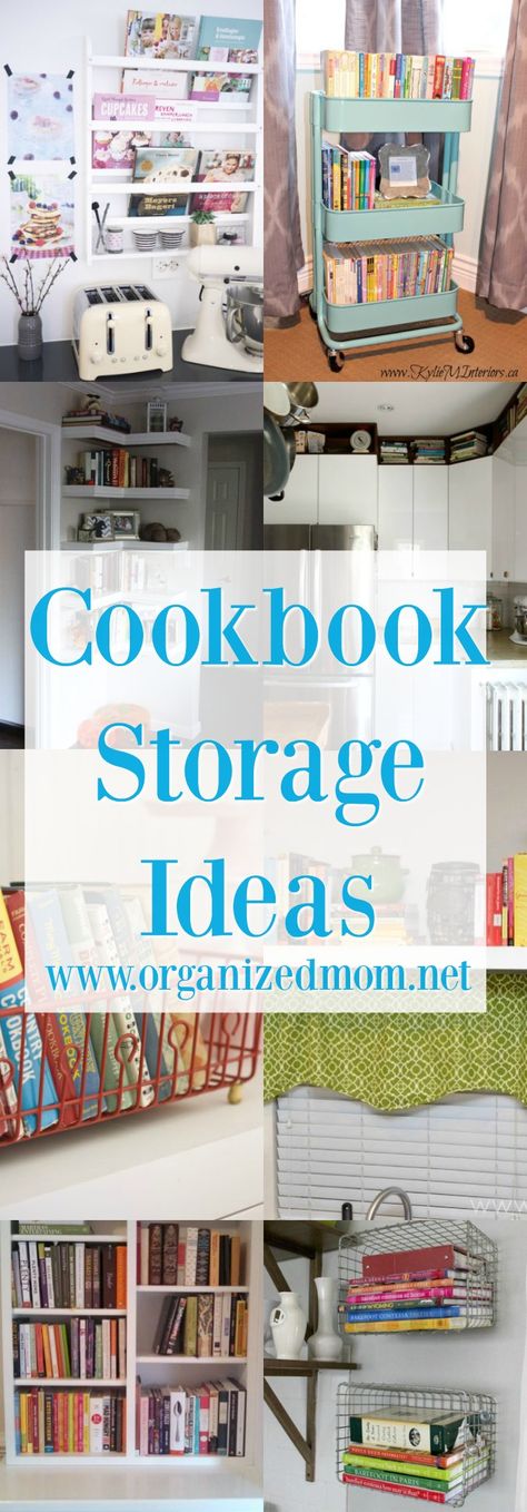 Home Decor - Storing cookbooks for organization, if you don't want to get rid of ANY! Ways To Store Cookbooks, Kitchen Cookbook Storage Ideas, Books In The Kitchen, Cook Book Storage Ideas Kitchens, Cookbook Storage Small Kitchen, How To Display Cookbooks, How To Store Cookbooks, Decorating With Cookbooks, Cook Book Display Ideas