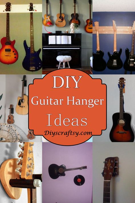 DIY Guitar Hanger Ideas 1 How To Hang Guitars On The Wall Diy, Guitar Wall Mount Diy, Ukulele Display Ideas, Guitar Hanging Ideas Wall Mount, Hanging Up Guitars The Wall, Diy Guitar Mount, Diy Guitar Wall Hanger, How To Display Guitars On Wall, Guitar Wall Storage